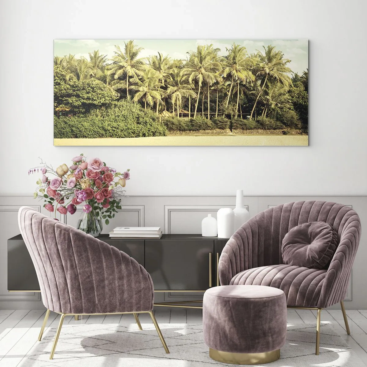 Cuadro sobre vidrio - Impresiones sobre Vidrio - Playa tropical con palmeras y mar turquesa. - 140x50cm - ¿Qué tal aquí? - Decoración de pared moderna para salón y dormitorio ARTTOR