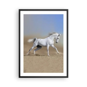 Póster en marco negro - Un caballo blanco galopando sobre un fondo desértico. - 50x70cm - El más bello cuento de hadas árabe - Decoración de pared moderna para salón y dormitorio ARTTOR