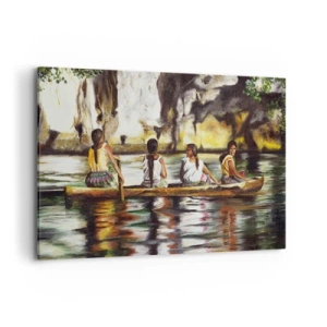 Cuadro sobre lienzo - Impresión de Imagen - Mujeres en un bote en un río tranquilo con un fondo pintoresco - 120x80cm - En un paraíso polinesio - Decoración de pared moderna para salón y dormitorio ARTTOR