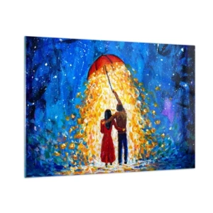 Cuadro sobre vidrio - Impresiones sobre Vidrio - Una pareja bajo una sombrilla rodeada de luz dorada contra el cielo nocturno. - 100x70cm - La magia de una tarde lluviosa - Decoración de pared moderna para salón y dormitorio ARTTOR