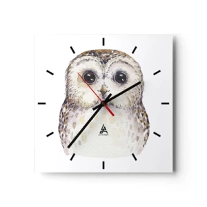 Reloj de pared - Reloj de vidrio - Retrato de un búho sobre un fondo claro con colores delicados. - 30x30cm - Mírame a los ojos - Decoración de pared moderna para salón y dormitorio ARTTOR