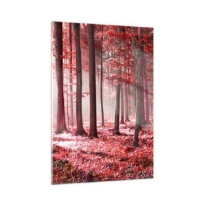 Cuadro sobre vidrio - Impresiones sobre Vidrio - Bosque otoñal en colores rojos y niebla matutina. - 50x70cm - Rojo como el que más - Decoración de pared moderna para salón y dormitorio ARTTOR