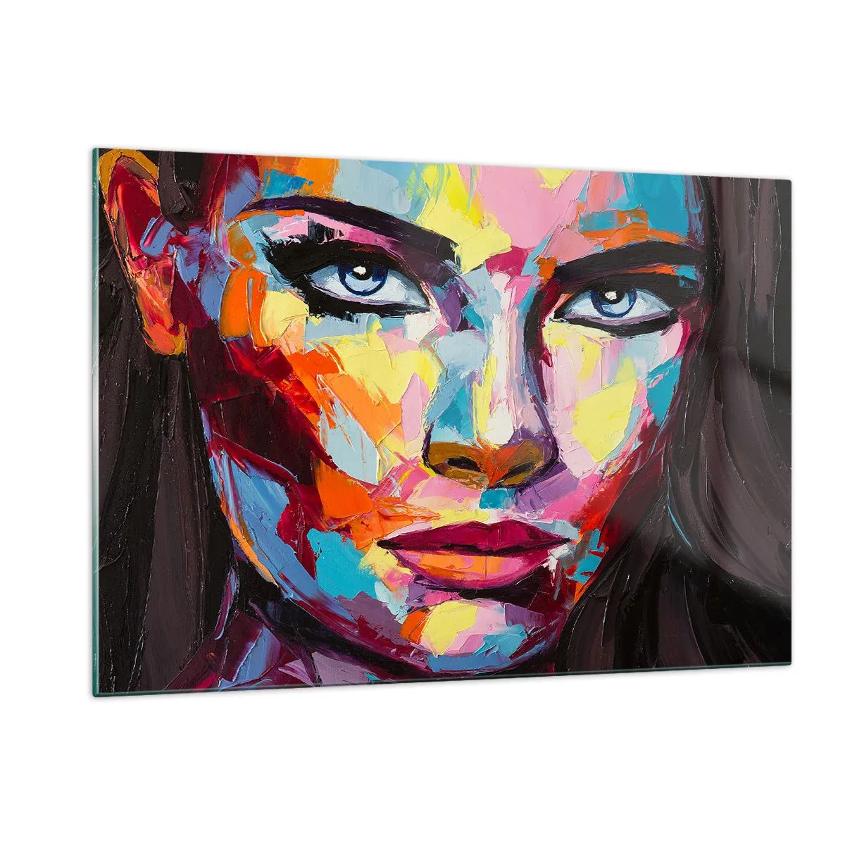 Cuadro sobre vidrio - Impresiones sobre Vidrio - Retrato colorido de una mujer en estilo abstracto. - 120x80cm - Un alma colorida también - Decoración de pared moderna para salón y dormitorio ARTTOR