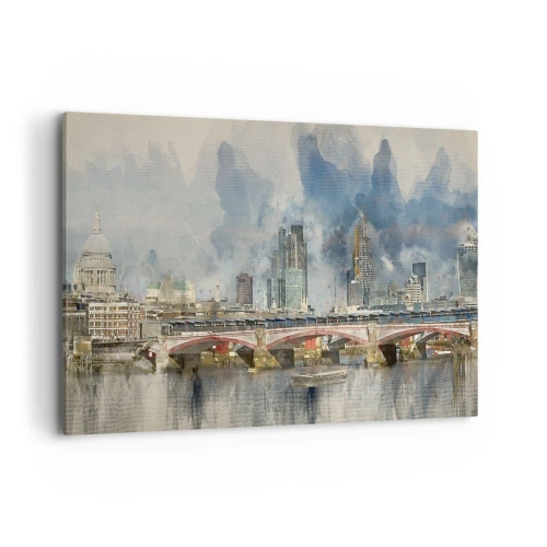 Cuadro sobre lienzo - Impresión de Imagen - Vista en acuarela del puente y el horizonte de la ciudad. - 100x70cm - Londres en todo su esplendor - Decoración de pared moderna para salón y dormitorio ARTTOR