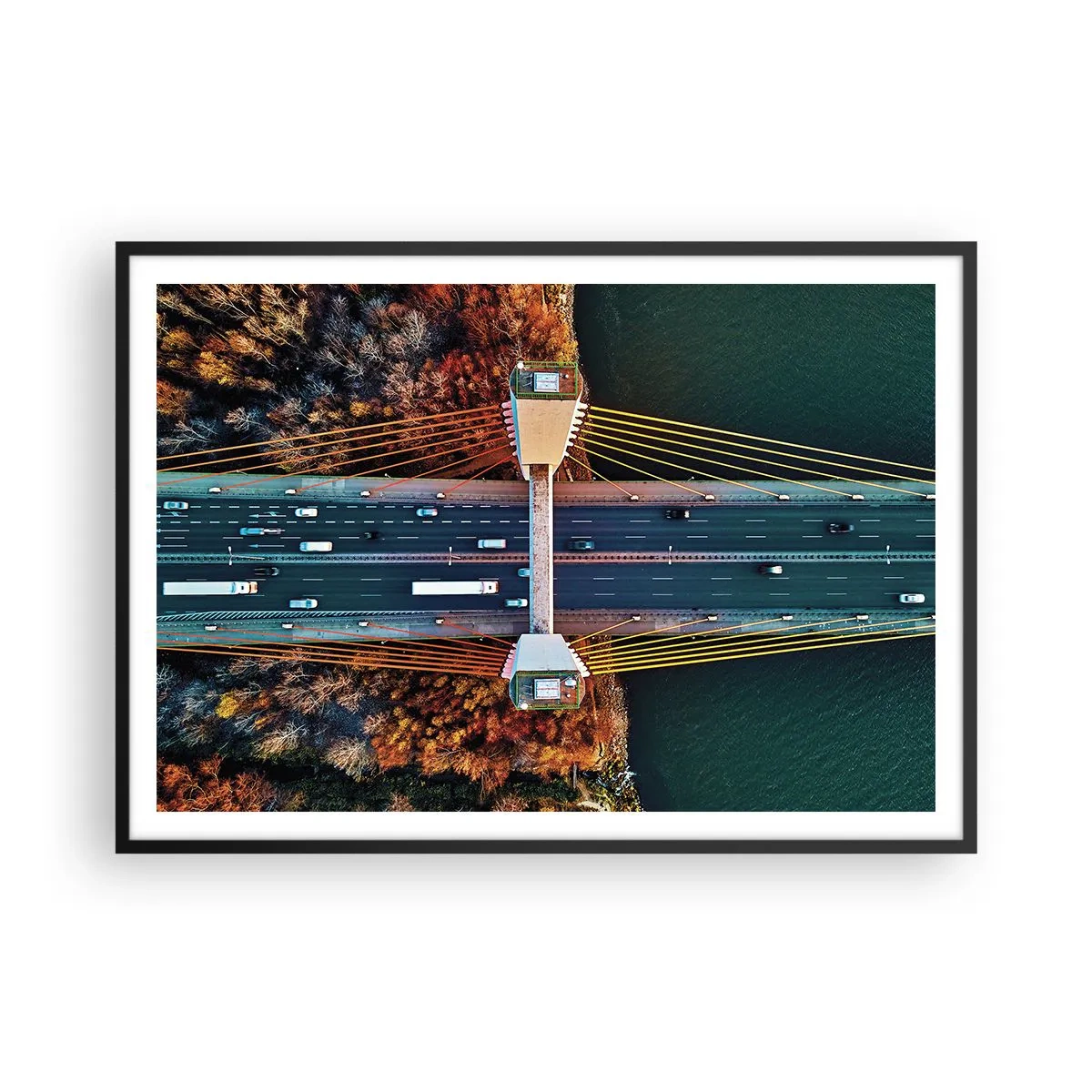 Póster en marco negro - Vista aérea del puente sobre el río y el paisaje otoñal. - 100x70cm - Más allá de las aguas, más allá de los bosques - Decoración de pared moderna para salón y dormitorio ARTTOR