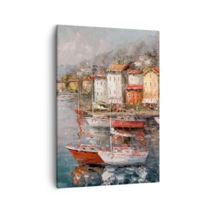 Cuadro sobre lienzo - Impresión de Imagen - Paisaje costero con barcos y casas de colores. - 50x70cm - Un refugio romántico - Decoración de pared moderna para salón y dormitorio ARTTOR