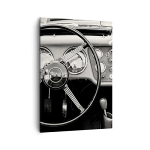 Cuadro sobre lienzo - Impresión de Imagen - Interior de coche clásico en blanco y negro - 50x70cm - El sueño de un coleccionista - Decoración de pared moderna para salón y dormitorio ARTTOR