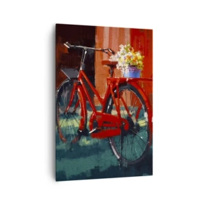 Cuadro sobre lienzo - Impresión de Imagen - Una bicicleta roja con flores contra una pared naranja. - 70x100cm - Quiero ir en bicicleta - Decoración de pared moderna para salón y dormitorio ARTTOR