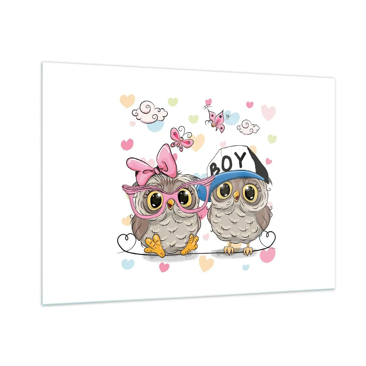 Cuadro sobre vidrio - Impresiones sobre Vidrio - Un par de alegres búhos en una composición pastel. - 100x70cm - El amor - Decoración de pared moderna para salón y dormitorio ARTTOR
