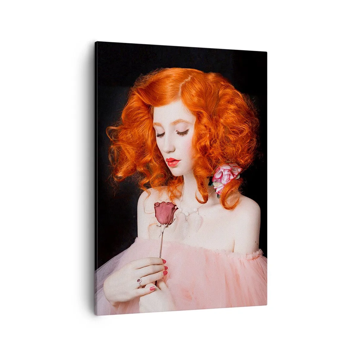 Cuadro sobre lienzo - Impresión de Imagen - Una mujer con cabello rojo sosteniendo una rosa. - 50x70cm - En estilo barroco - Decoración de pared moderna para salón y dormitorio ARTTOR