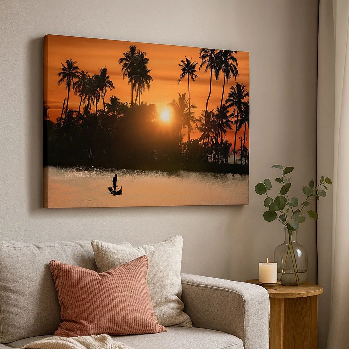 Cuadro sobre lienzo - Impresión de Imagen - Puesta de sol sobre palmeras y un lago tranquilo con un barco. - 70x50cm - Tiempo de descanso - Decoración de pared moderna para salón y dormitorio ARTTOR