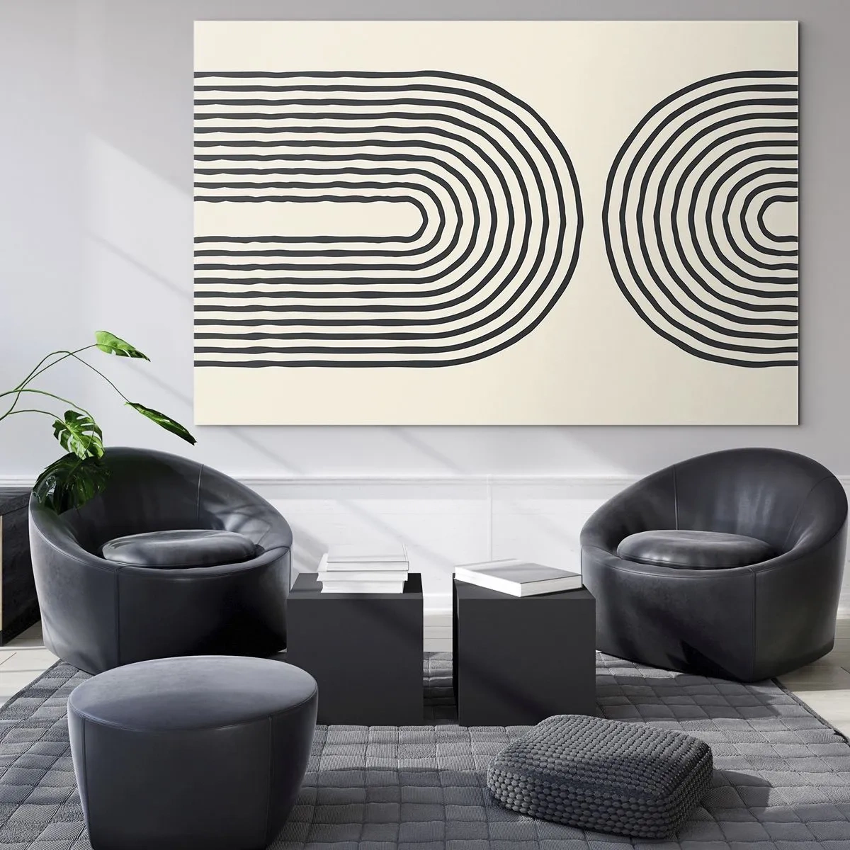 Cuadro sobre vidrio - Impresiones sobre Vidrio - Una pintura abstracta en blanco y negro que representa líneas en forma de arco. - 70x50cm - Próximamente... - Decoración de pared moderna para salón y dormitorio ARTTOR