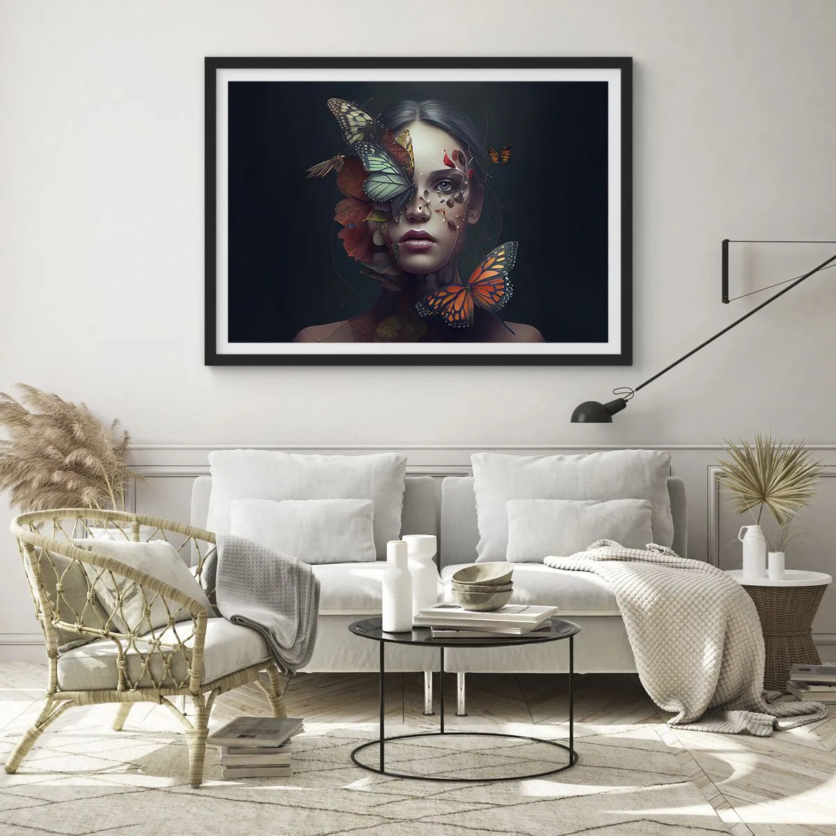 Póster en marco negro - Retrato de una mujer con mariposas y elementos vegetales. - 100x70cm - Una metamorfosis maravillosa - Decoración de pared moderna para salón y dormitorio ARTTOR