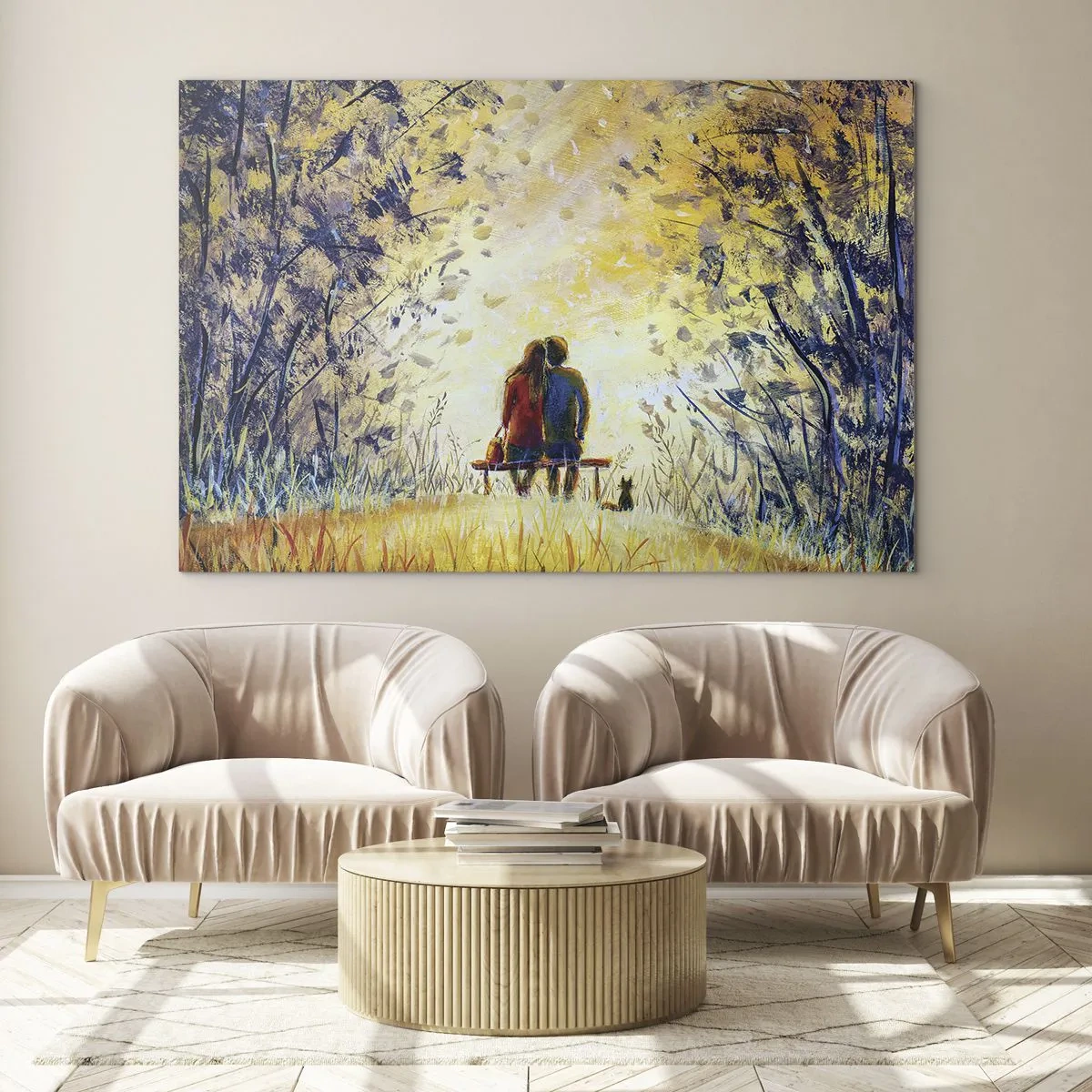 Cuadro sobre vidrio - Impresiones sobre Vidrio - Una pareja en un banco en un momento mágico. - 70x50cm - Un momento mágico - Decoración de pared moderna para salón y dormitorio ARTTOR