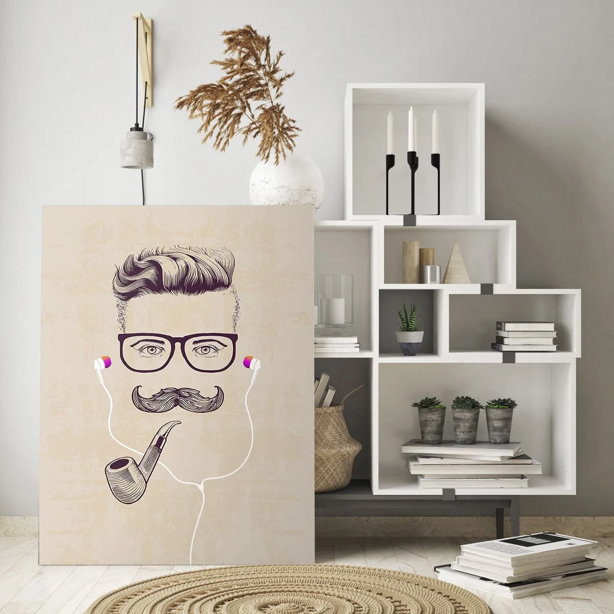 Cuadro sobre vidrio - Impresiones sobre Vidrio - Retrato retro de un hombre con pipa, auriculares y gafas. - 80x120cm - Moda masculina - Decoración de pared moderna para salón y dormitorio ARTTOR