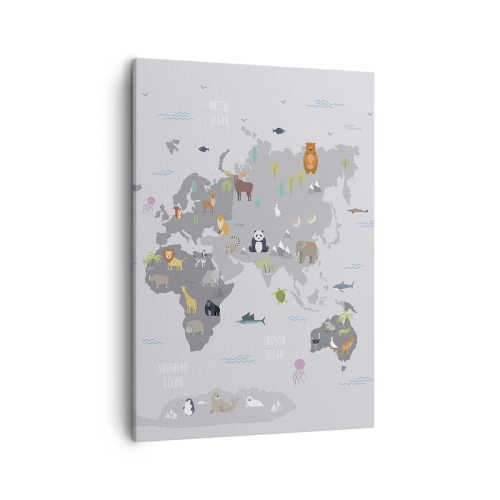 Cuadro sobre lienzo - Impresión de Imagen - Un mapa del mundo con ilustraciones de animales sobre un fondo gris. - 50x70cm - Dime de dónde eres... - Decoración de pared moderna para salón y dormitorio ARTTOR
