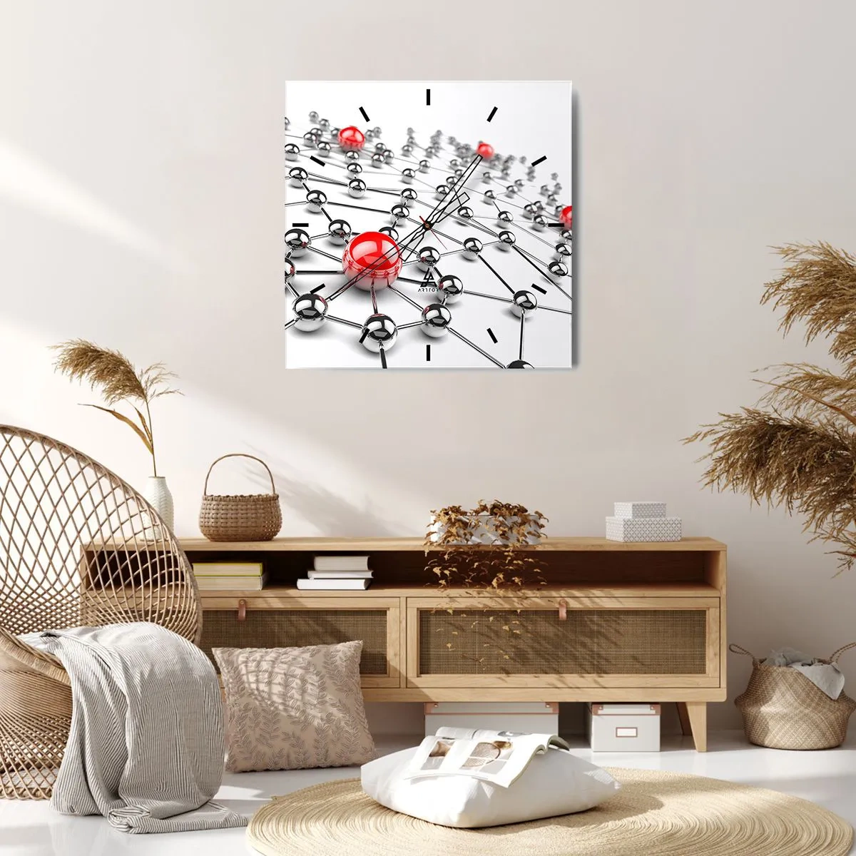 Reloj de pared - Reloj de vidrio - Una red de bolas metálicas con acentos rojos. - 30x30cm - Una red plateada - Decoración de pared moderna para salón y dormitorio ARTTOR