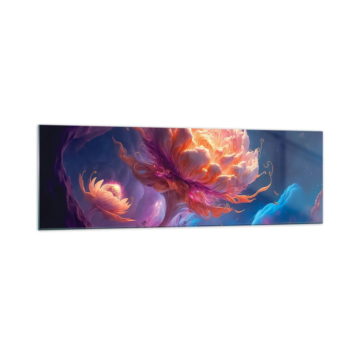 Cuadro sobre vidrio - Impresiones sobre Vidrio - Flores de fantasía en un paisaje cósmico. - 160x50cm - Otro mundo - Decoración de pared moderna para salón y dormitorio ARTTOR