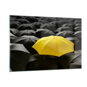 Cuadro sobre vidrio - Impresiones sobre Vidrio - Un paraguas amarillo que destaca entre los negros. - 120x80cm - Adiós a la tristeza - Decoración de pared moderna para salón y dormitorio ARTTOR
