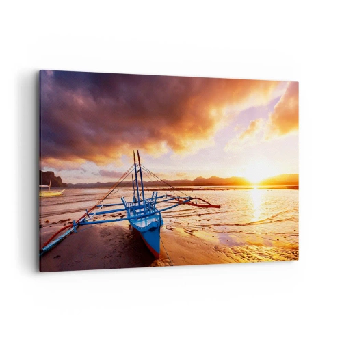 Cuadro sobre lienzo - Impresión de Imagen - Barco azul en la playa al atardecer - 100x70cm - Después de un largo día, relájate en la arena - Decoración de pared moderna para salón y dormitorio ARTTOR