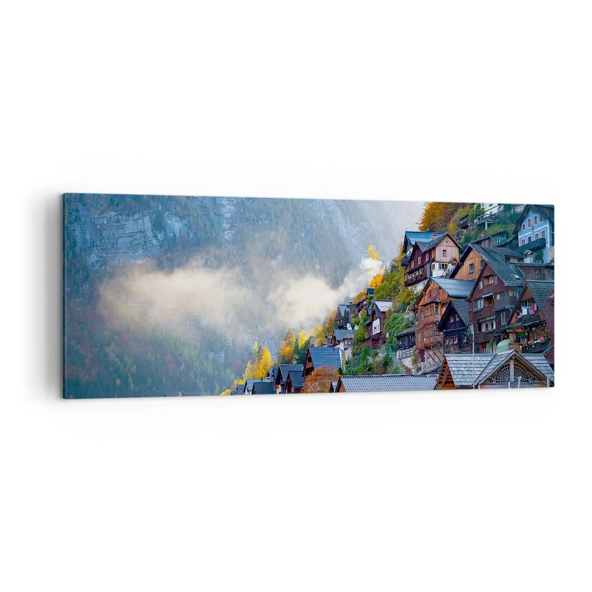 Cuadro sobre lienzo - Impresión de Imagen - Un pueblo de montaña junto a un lago en un paisaje otoñal. - 140x50cm - Ambiente alpino - Decoración de pared moderna para salón y dormitorio ARTTOR