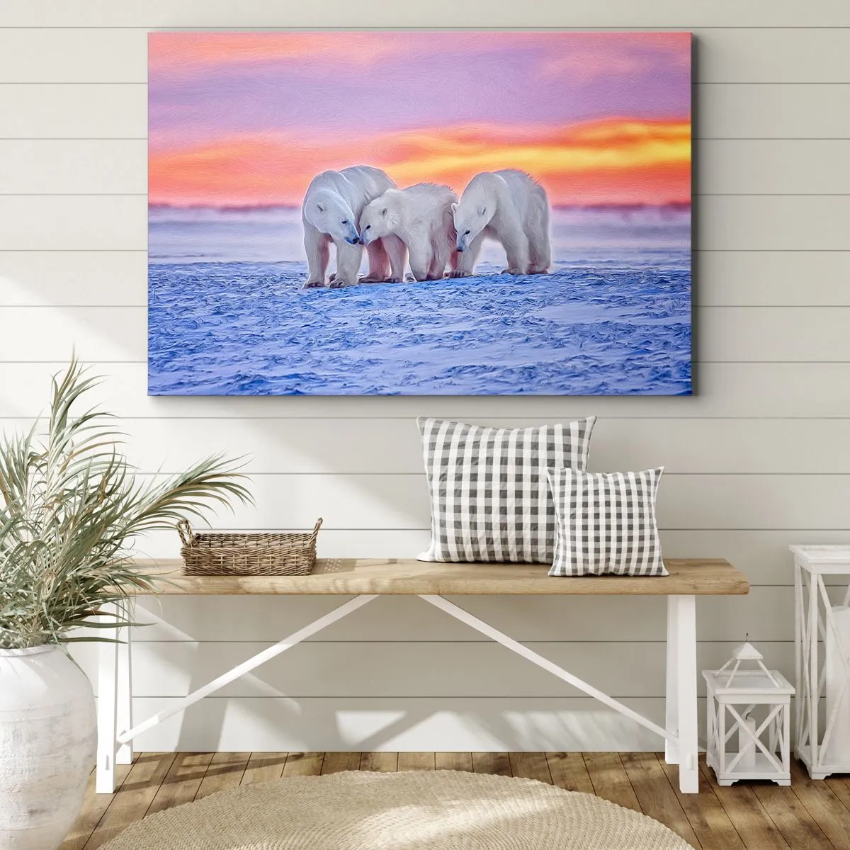Cuadro sobre lienzo - Impresión de Imagen - Tres osos polares con el telón de fondo de una puesta de sol ártica. - 100x70cm - Todo lo que necesitas es el calor de la familia - Decoración de pared moderna para salón y dormitorio ARTTOR
