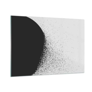 Cuadro sobre vidrio - Impresiones sobre Vidrio - Abstracción de una masa negra que se deshace sobre un fondo blanco - 100x70cm - El movimiento de las partículas - Decoración de pared moderna para salón y dormitorio ARTTOR