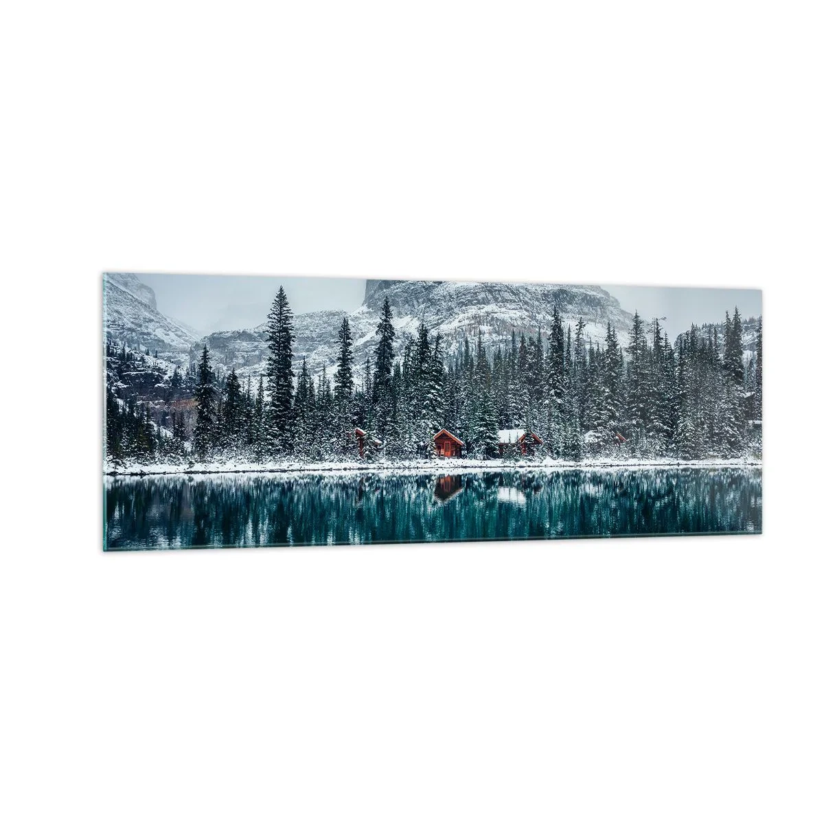 Cuadro sobre vidrio - Impresiones sobre Vidrio - Paisaje invernal con cabañas en el bosque junto a un lago congelado - 140x50cm - Retiro canadiense - Decoración de pared moderna para salón y dormitorio ARTTOR