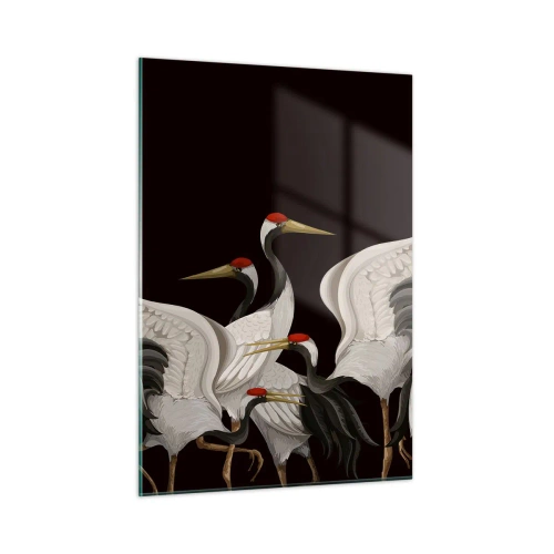 Cuadro sobre vidrio - Impresiones sobre Vidrio - Grullas blancas con cabezas rojas sobre fondo negro - 50x70cm - Asuntos de aves - Decoración de pared moderna para salón y dormitorio ARTTOR