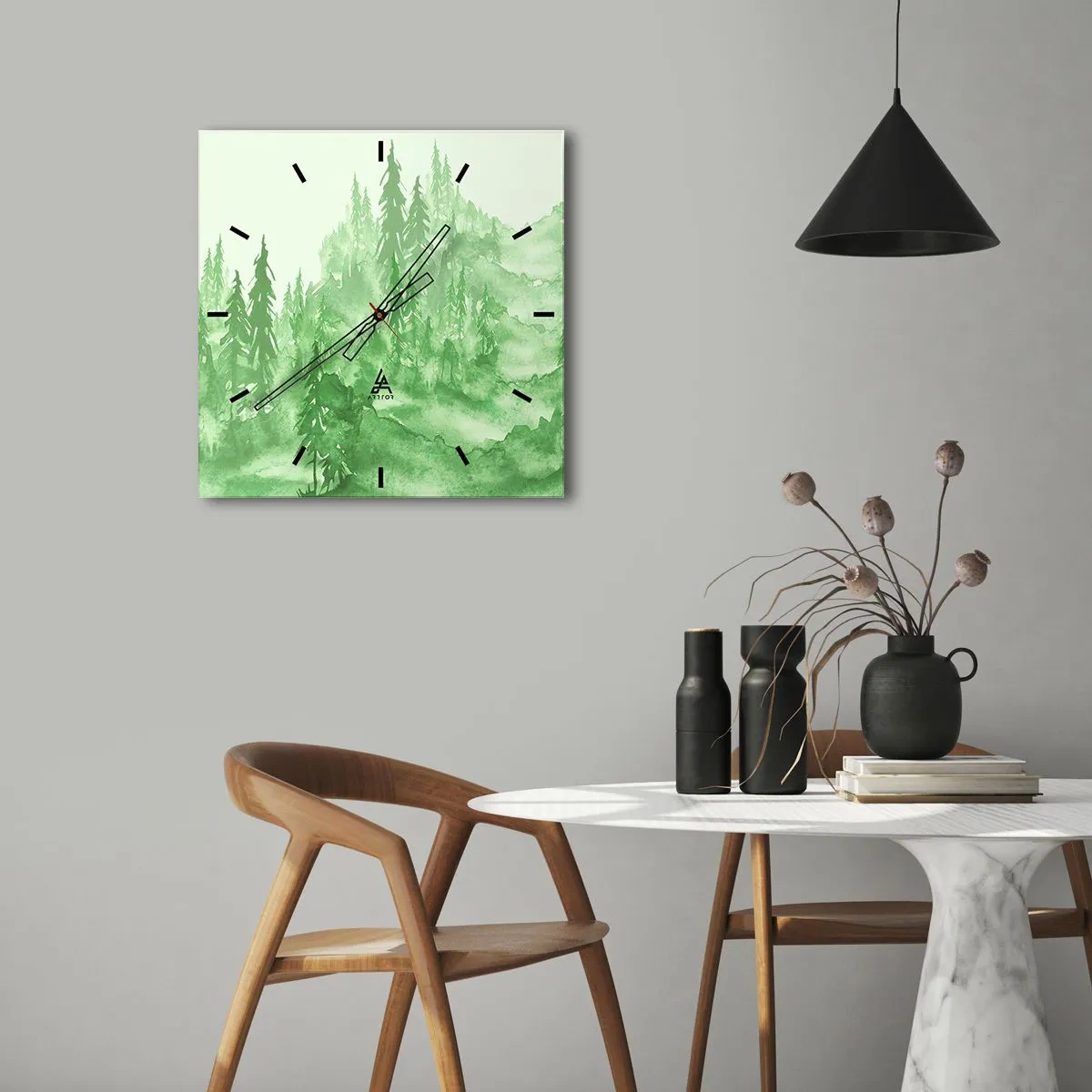 Reloj de pared - Reloj de vidrio - Difuminado con niebla verde - 30x30 cm