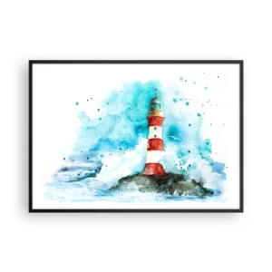 Póster en marco negro - Un faro en un entorno de acuarela con un fondo azul. - 100x70cm - La unidad de los elementos - Decoración de pared moderna para salón y dormitorio ARTTOR