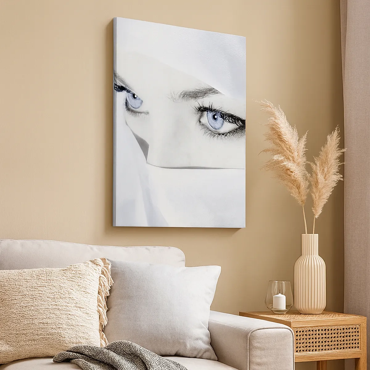 Cuadro sobre lienzo - Impresión de Imagen - Retrato de una mujer con ojos azules ocultos tras un velo blanco. - 50x70cm - Directamente de las mil y una noches - Decoración de pared moderna para salón y dormitorio ARTTOR