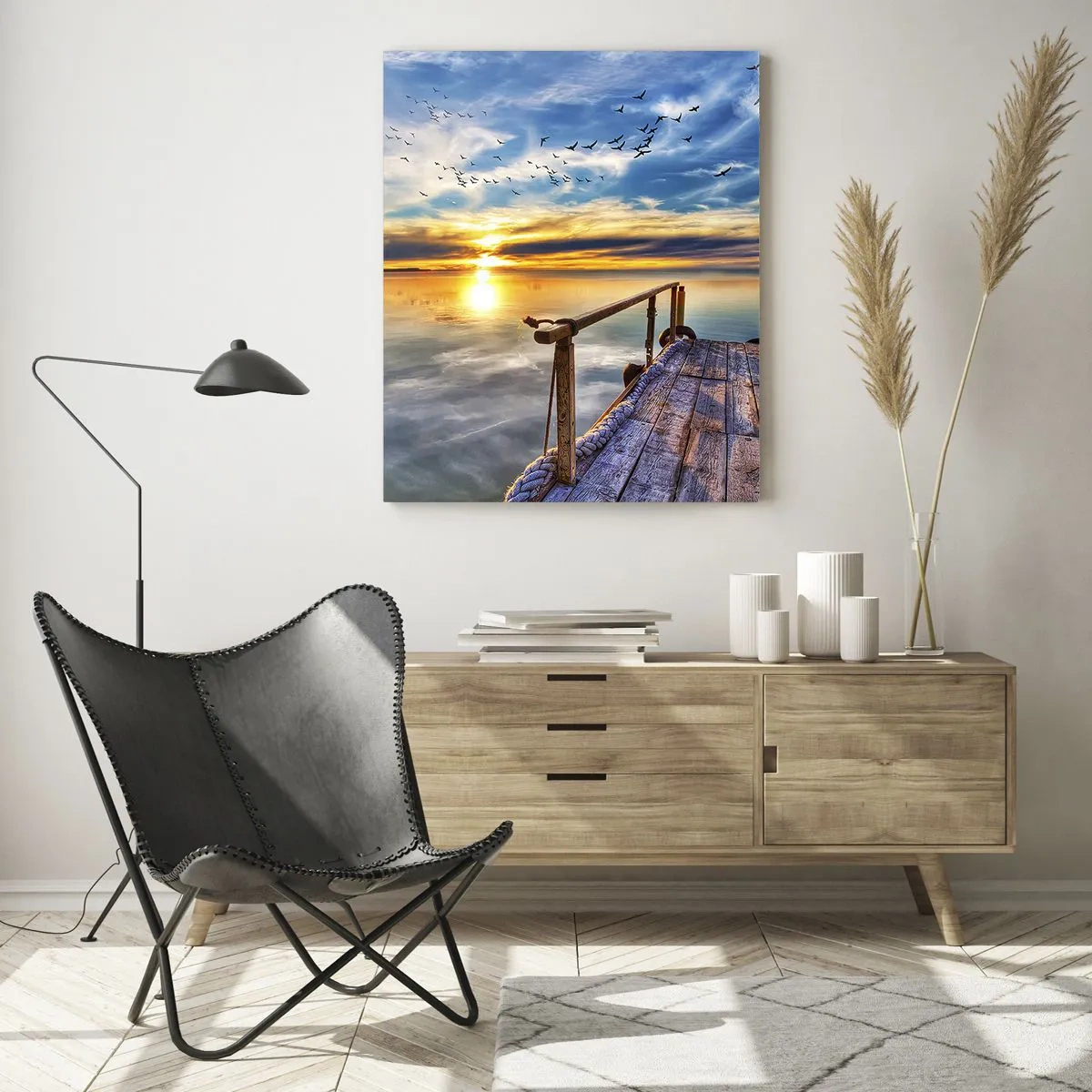 Cuadro sobre vidrio - Impresiones sobre Vidrio - Muelle de madera sobre el lago al atardecer - 80x120cm - El viento se va a descansar - Decoración de pared moderna para salón y dormitorio ARTTOR