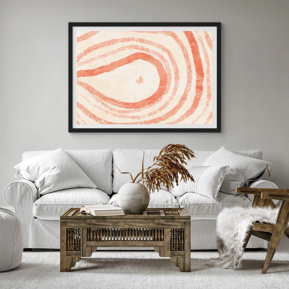 Póster en marco negro - Un motivo abstracto de líneas concéntricas en tonos terracota. - 70x50cm - Círculos de coral - composición - Decoración de pared moderna para salón y dormitorio ARTTOR