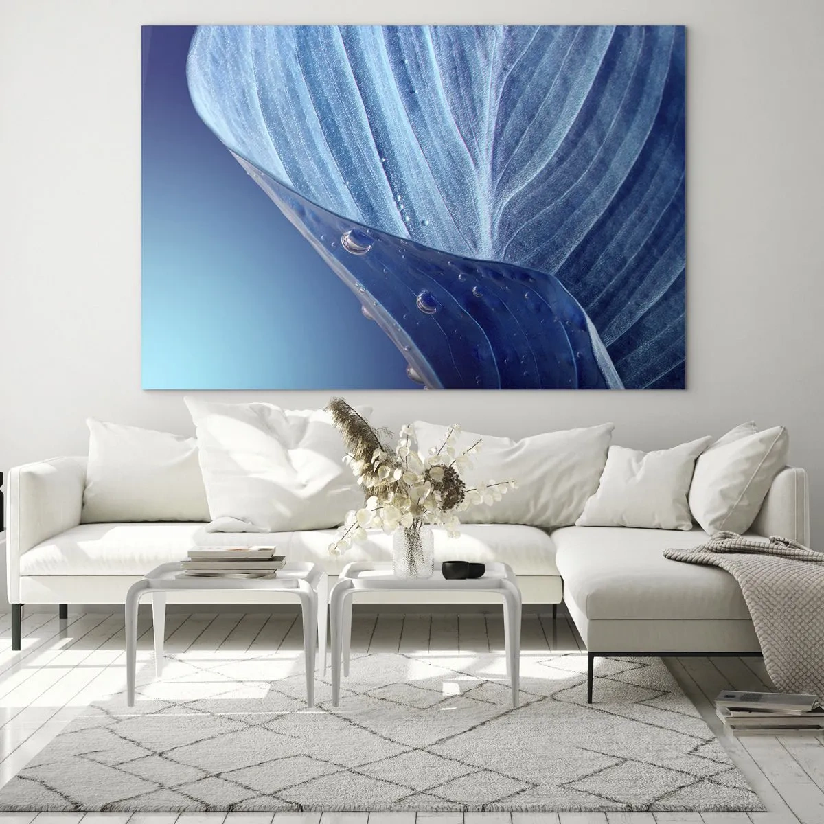 Cuadro sobre vidrio - Impresiones sobre Vidrio - Una hoja en tonos azules con gotas de agua sobre un fondo degradado. - 70x50cm - Gotas ocultas de azul - Decoración de pared moderna para salón y dormitorio ARTTOR
