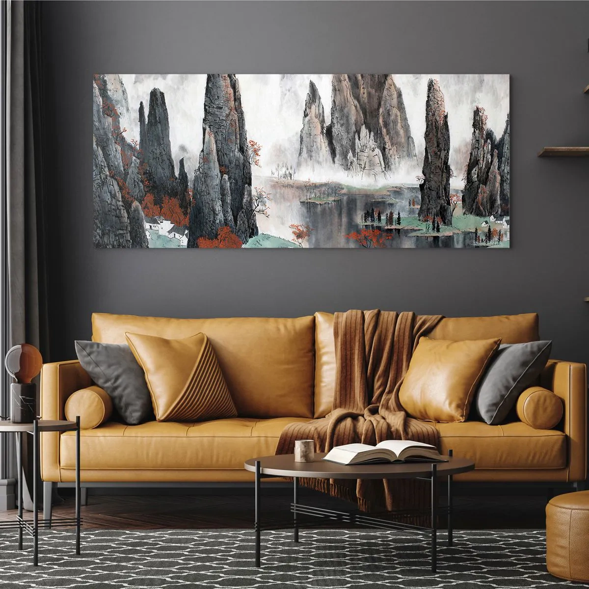 Cuadro sobre vidrio - Impresiones sobre Vidrio - Rocas y árboles pintorescos en el brumoso paisaje chino - 120x50cm - Poderosos guardianes - Decoración de pared moderna para salón y dormitorio ARTTOR