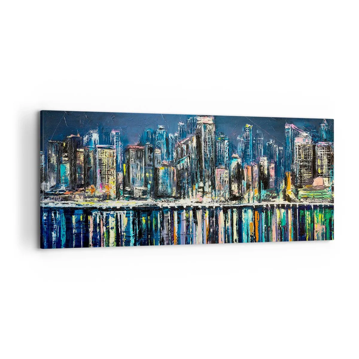 Cuadro sobre lienzo - Impresión de Imagen - Panorama de la ciudad nocturna reflejada en el agua. - 120x50cm - Una cascada de luces - Decoración de pared moderna para salón y dormitorio ARTTOR