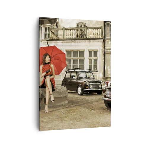 Cuadro sobre lienzo - Impresión de Imagen - Mujer con un paraguas rojo junto a coches clásicos - 50x70cm - Un mini viaje sentimental - Decoración de pared moderna para salón y dormitorio ARTTOR