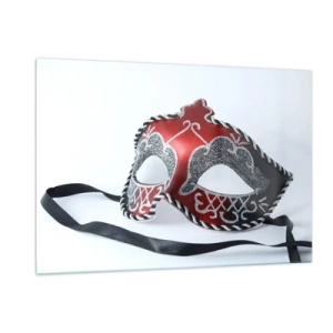 Cuadro sobre vidrio - Impresiones sobre Vidrio - Máscara de carnaval en rojo y plata. - 120x80cm - Invitación al baile - Decoración de pared moderna para salón y dormitorio ARTTOR