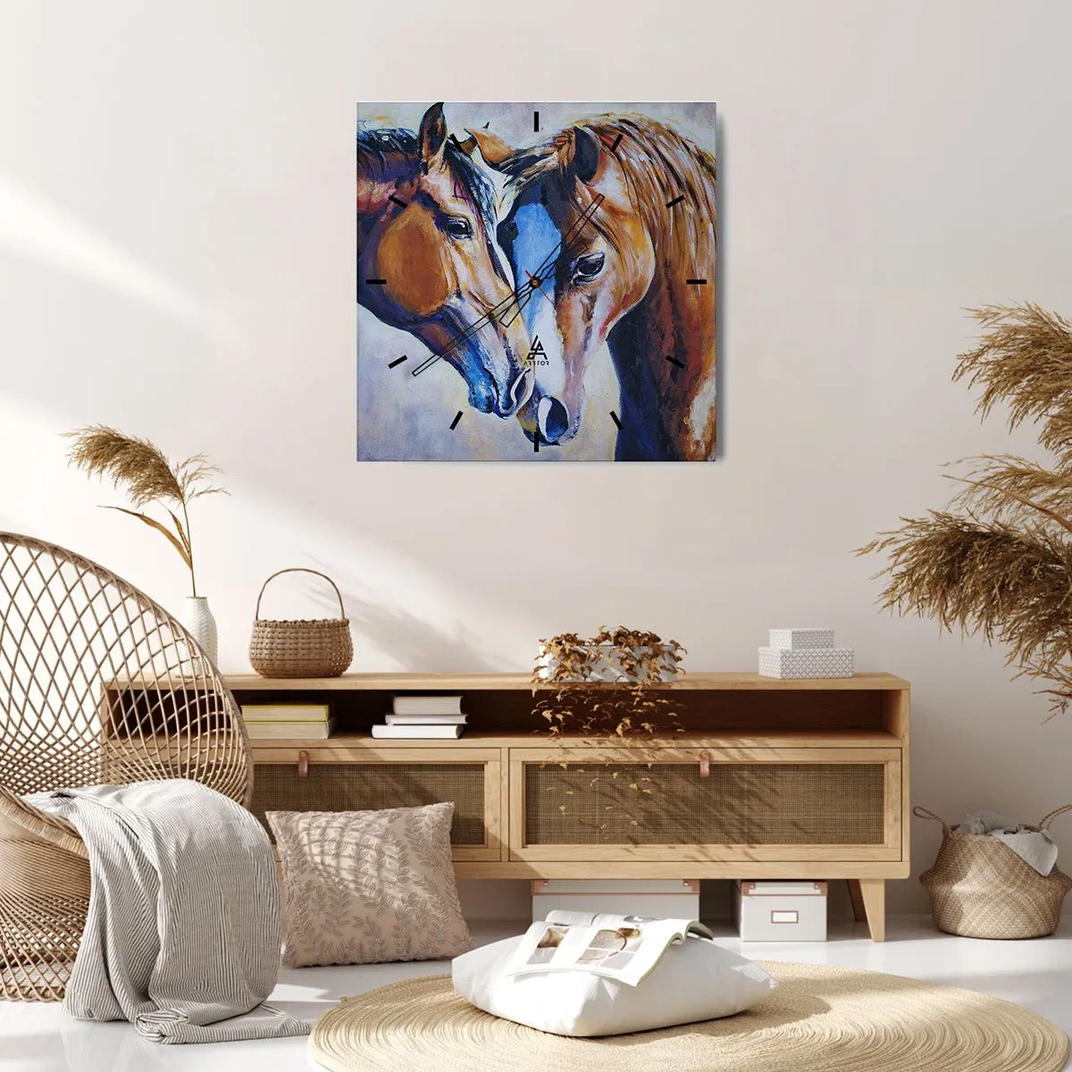 Reloj de pared - Reloj de vidrio - Una representación pictórica de dos caballos en un entorno amigable. - 30x30cm - ¿Esto es amistad? ¿Es amor? - Decoración de pared moderna para salón y dormitorio ARTTOR