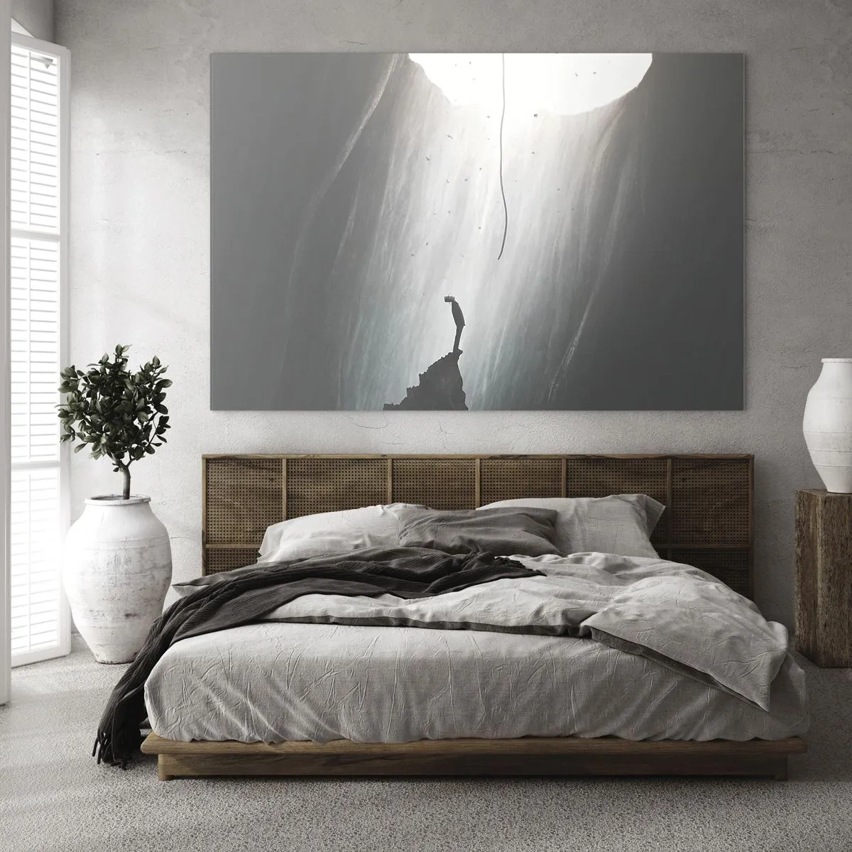 Cuadro sobre vidrio - Impresiones sobre Vidrio - Un hombre de pie en la oscuridad al pie de una salida luminosa sobre un abismo. - 70x50cm - Siempre hay una salida - Decoración de pared moderna para salón y dormitorio ARTTOR