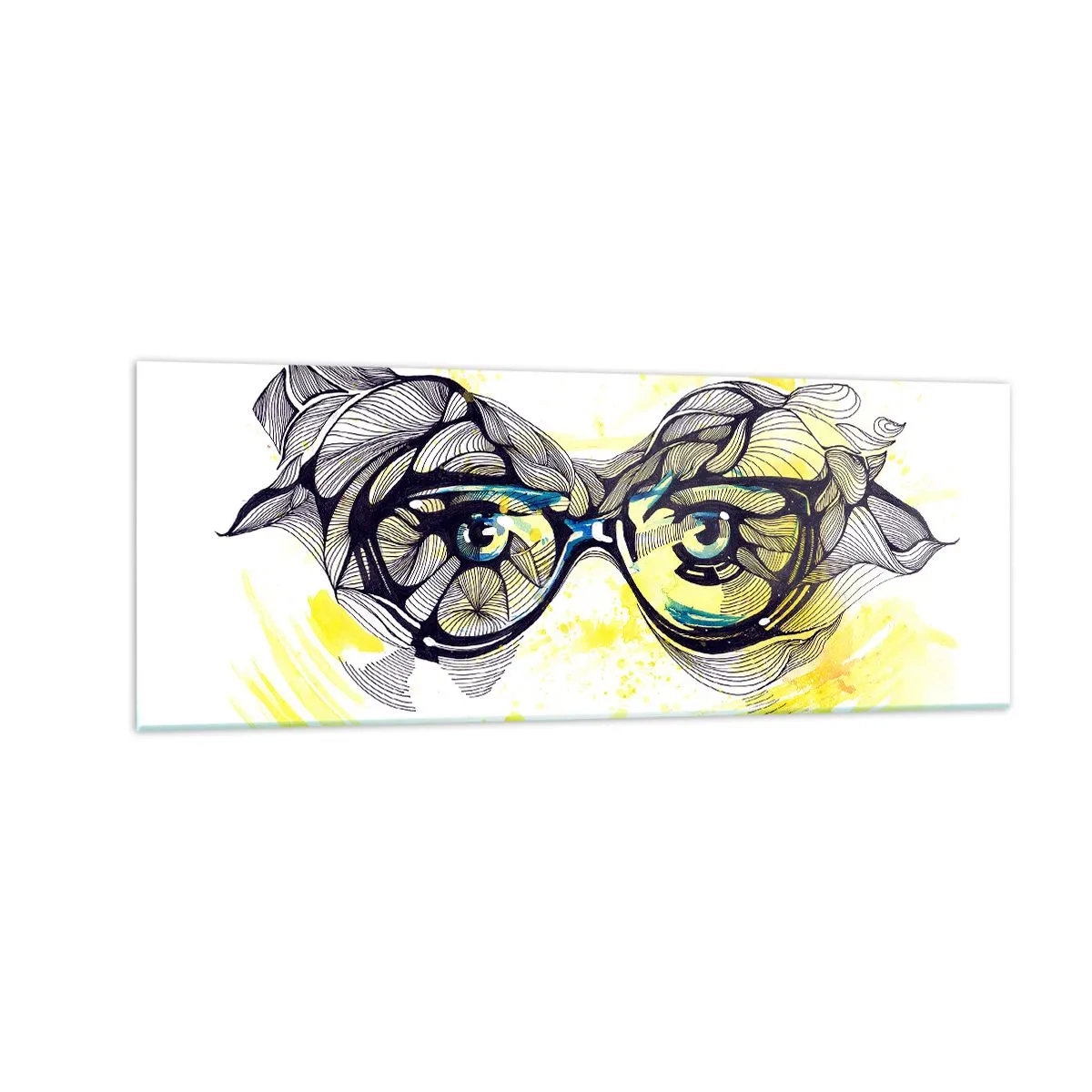Cuadro sobre vidrio - Impresiones sobre Vidrio - Gráficos artísticos de gafas con ojos expresivos. - 140x50cm - A través de las gafas azules - Decoración de pared moderna para salón y dormitorio ARTTOR