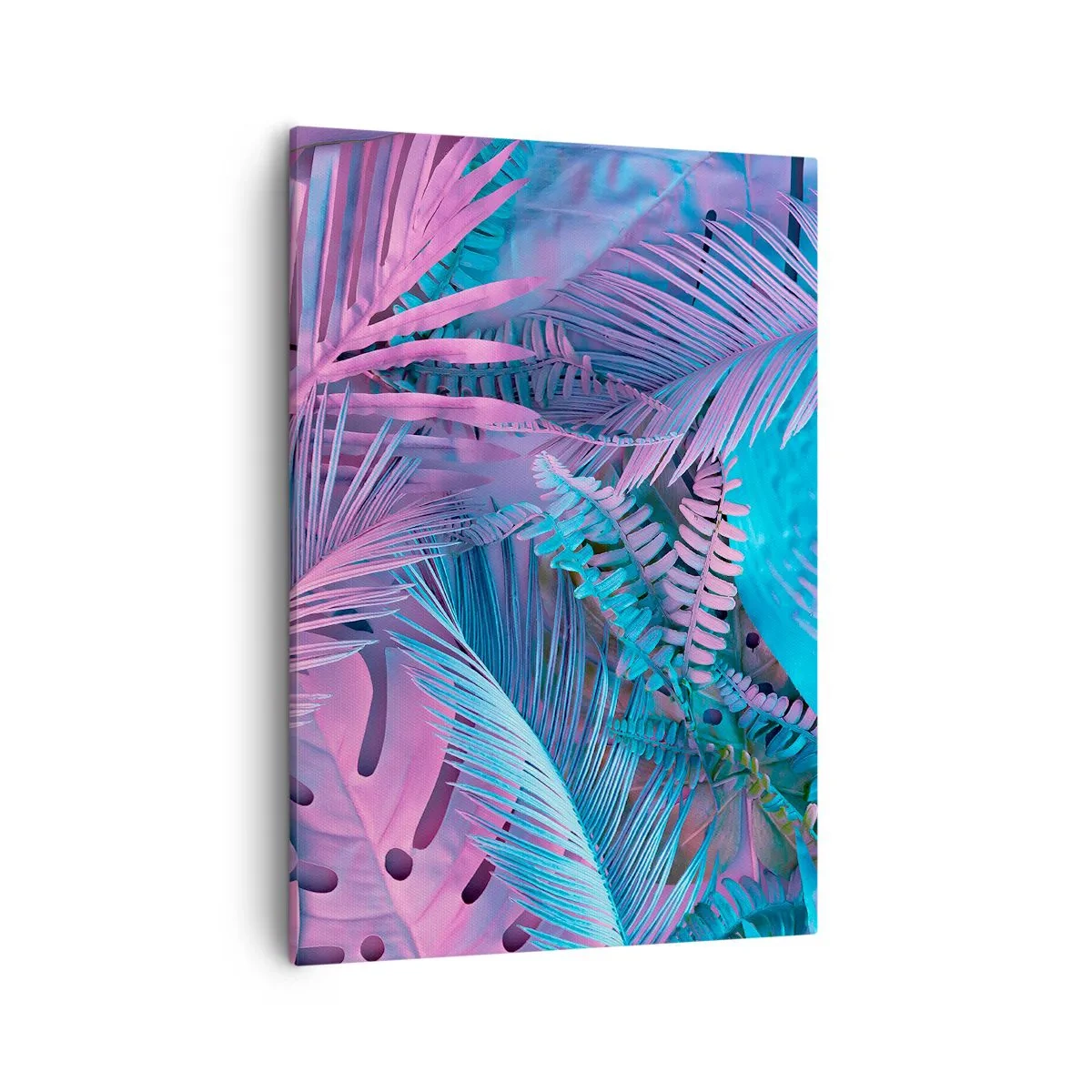 Cuadro sobre lienzo - Impresión de Imagen - Hojas tropicales en tonos rosa y azul. - 50x70cm - Trópicos en rosa y azul - Decoración de pared moderna para salón y dormitorio ARTTOR