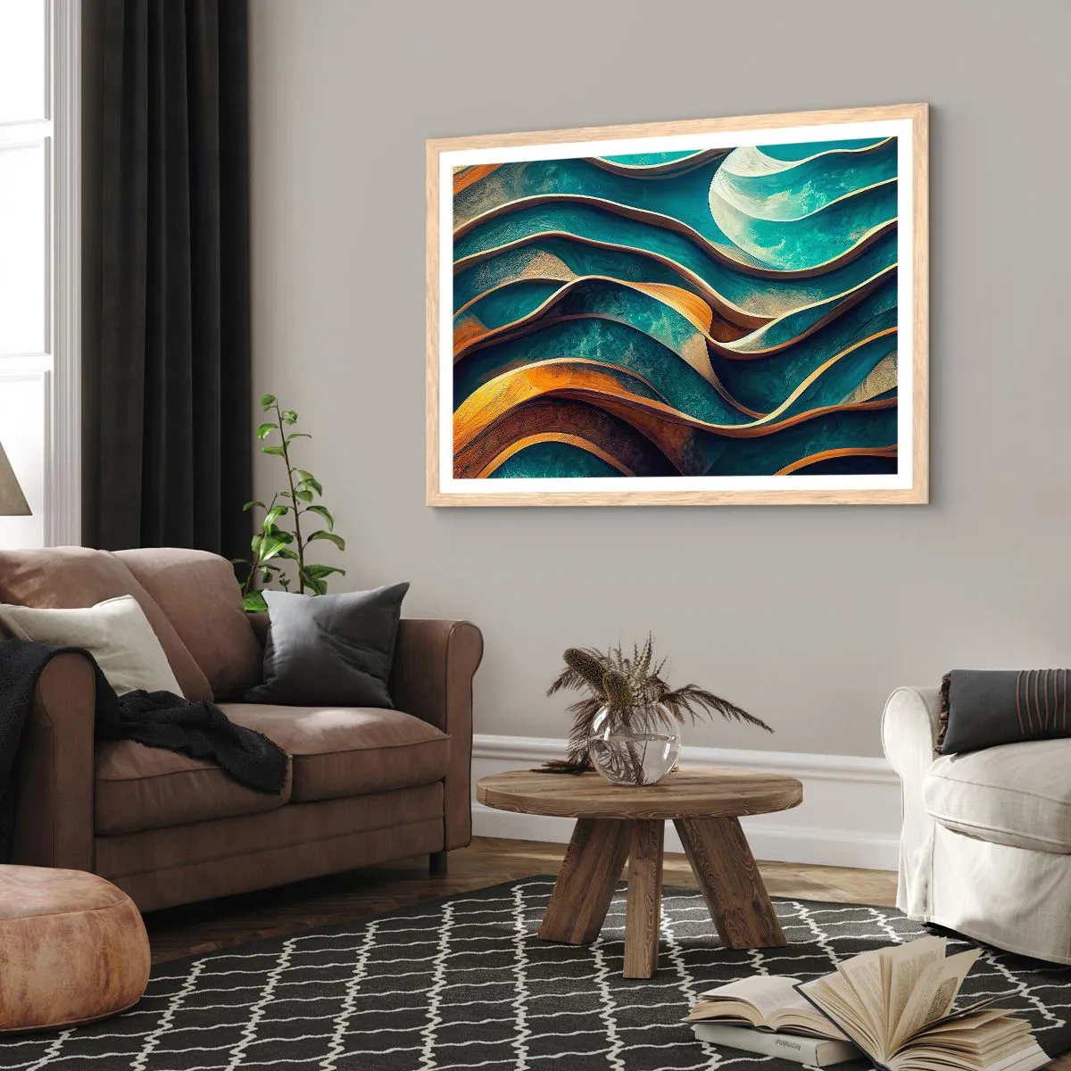 Póster en marco roble claro - Meandros de azul - 70x50 cm