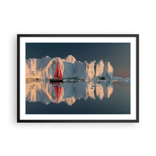 Póster en marco negro - Un velero con una vela roja con el fondo de un glaciar. - 70x50cm - En el límite del mundo - Decoración de pared moderna para salón y dormitorio ARTTOR