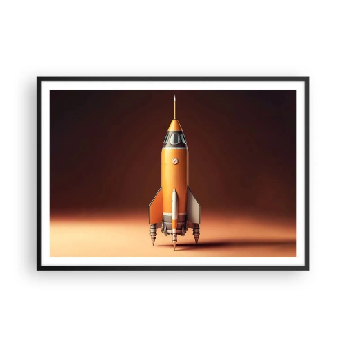Póster en marco negro - Un cohete de estilo retro sobre un fondo de tonos marrones. - 100x70cm - Comienza con un sueño - Decoración de pared moderna para salón y dormitorio ARTTOR