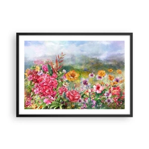 Póster en marco negro - Una colorida composición de flores sobre un fondo de paisaje de color pastel. - 70x50cm - Un jardín enloquecido - Decoración de pared moderna para salón y dormitorio ARTTOR