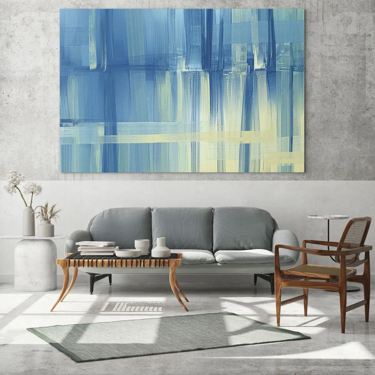 Cuadro sobre vidrio - Impresiones sobre Vidrio - Pinceladas abstractas en turquesa y amarillo - 70x50cm - Composición en turquesa - Decoración de pared moderna para salón y dormitorio ARTTOR