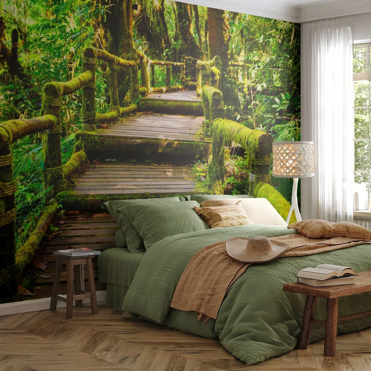 Fotomural Premium Sand - Un camino de madera en un denso y verde bosque tropical. - 100x70cm - A través de un corredor verde - Decoración de pared moderna para salón y dormitorio ARTTOR