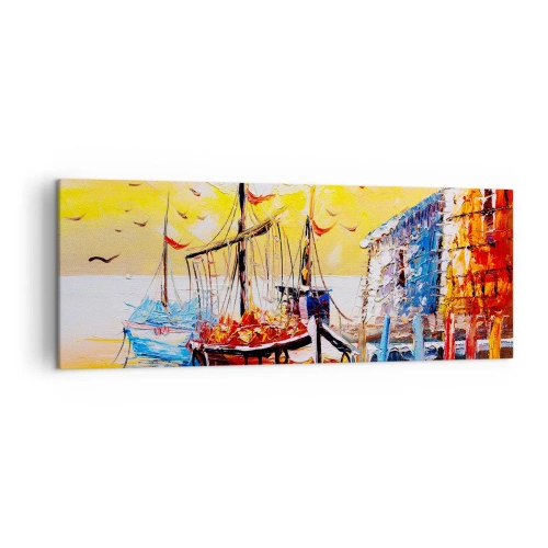Cuadro sobre lienzo - Impresión de Imagen - Puerto pintoresco al atardecer con barcos de pesca - 140x50cm - Feliz regreso - Decoración de pared moderna para salón y dormitorio ARTTOR